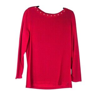 Calvin Klein Women's Long Sleeve Grommet Trim Neck Sweater Red Size Large